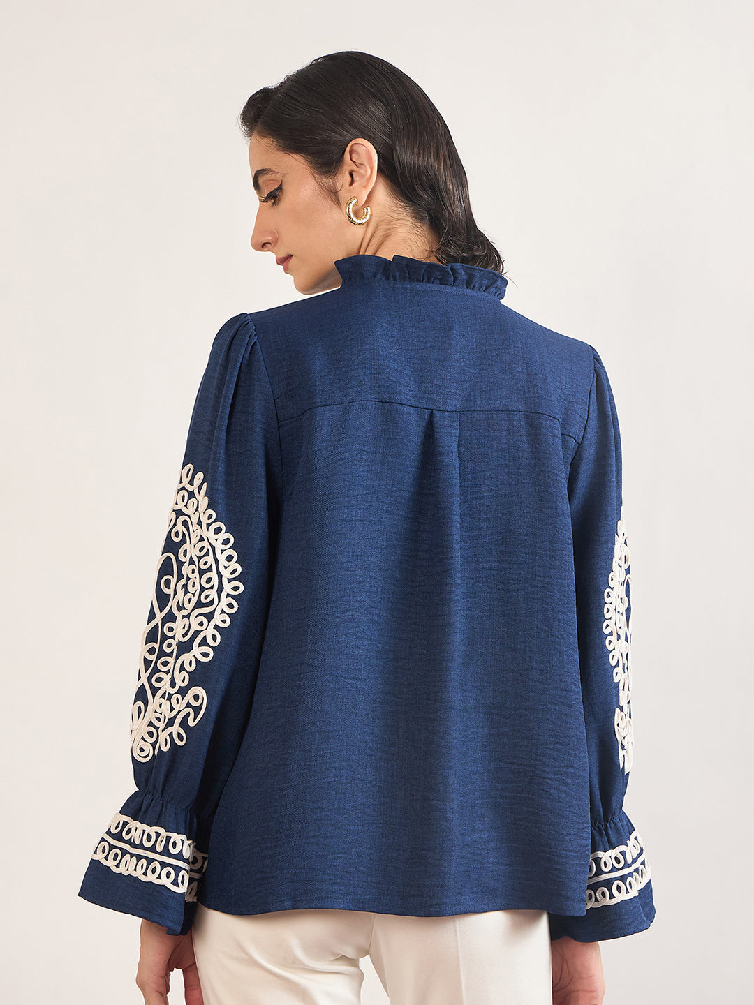 Navy Melange Cotton Tunic with Paisley Embroidered Sleeves