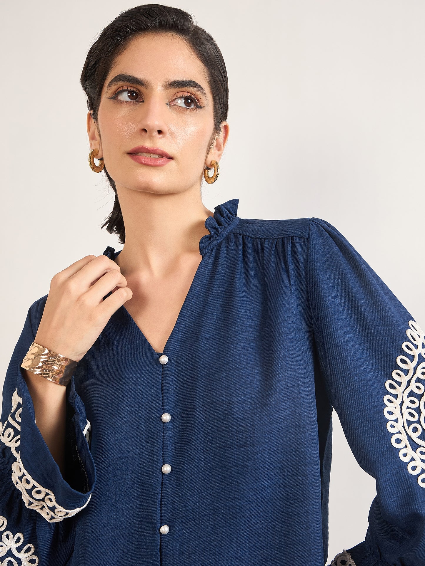 Navy Melange Cotton Tunic with Paisley Embroidered Sleeves