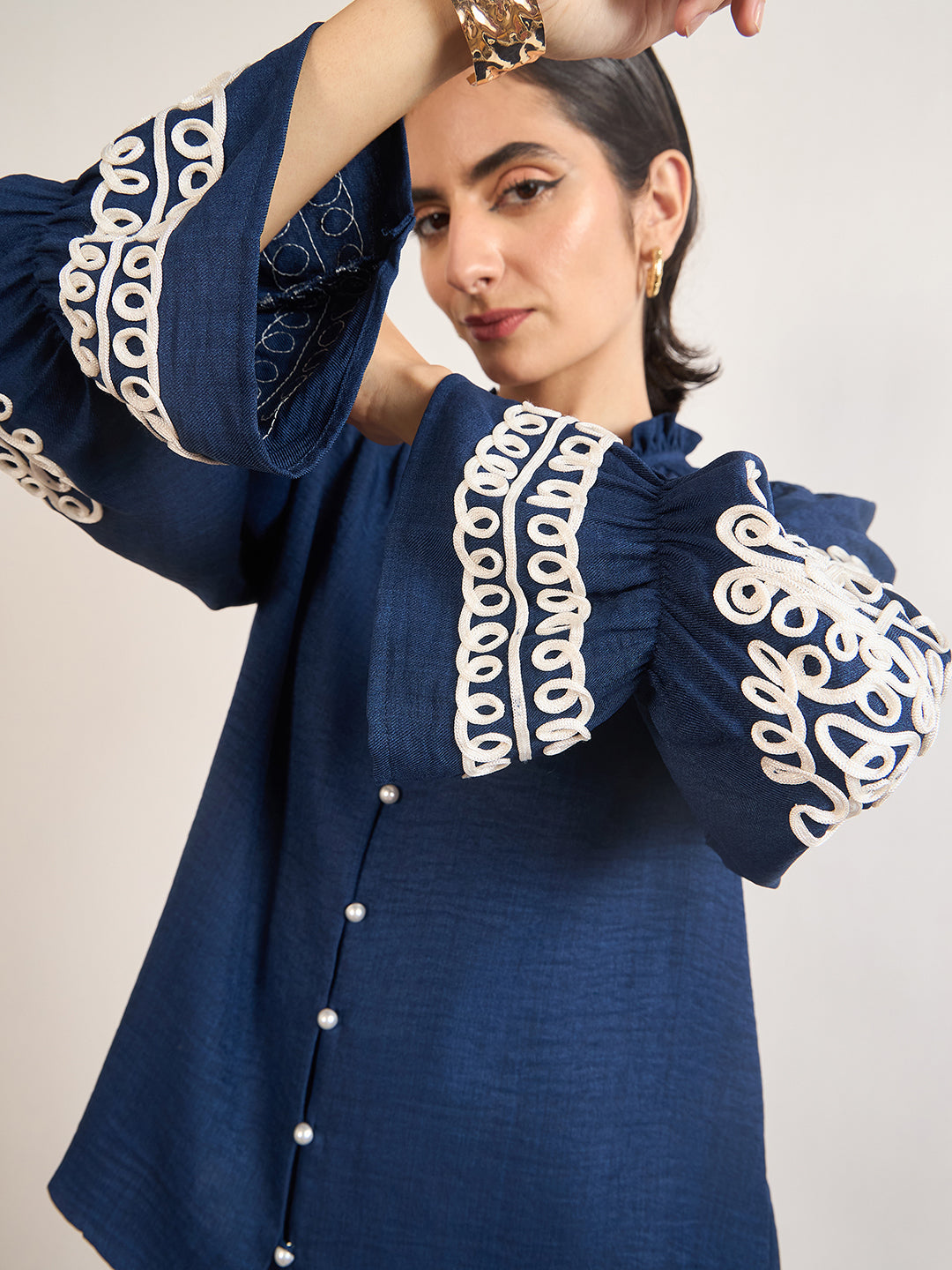 Navy Melange Cotton Tunic with Paisley Embroidered Sleeves