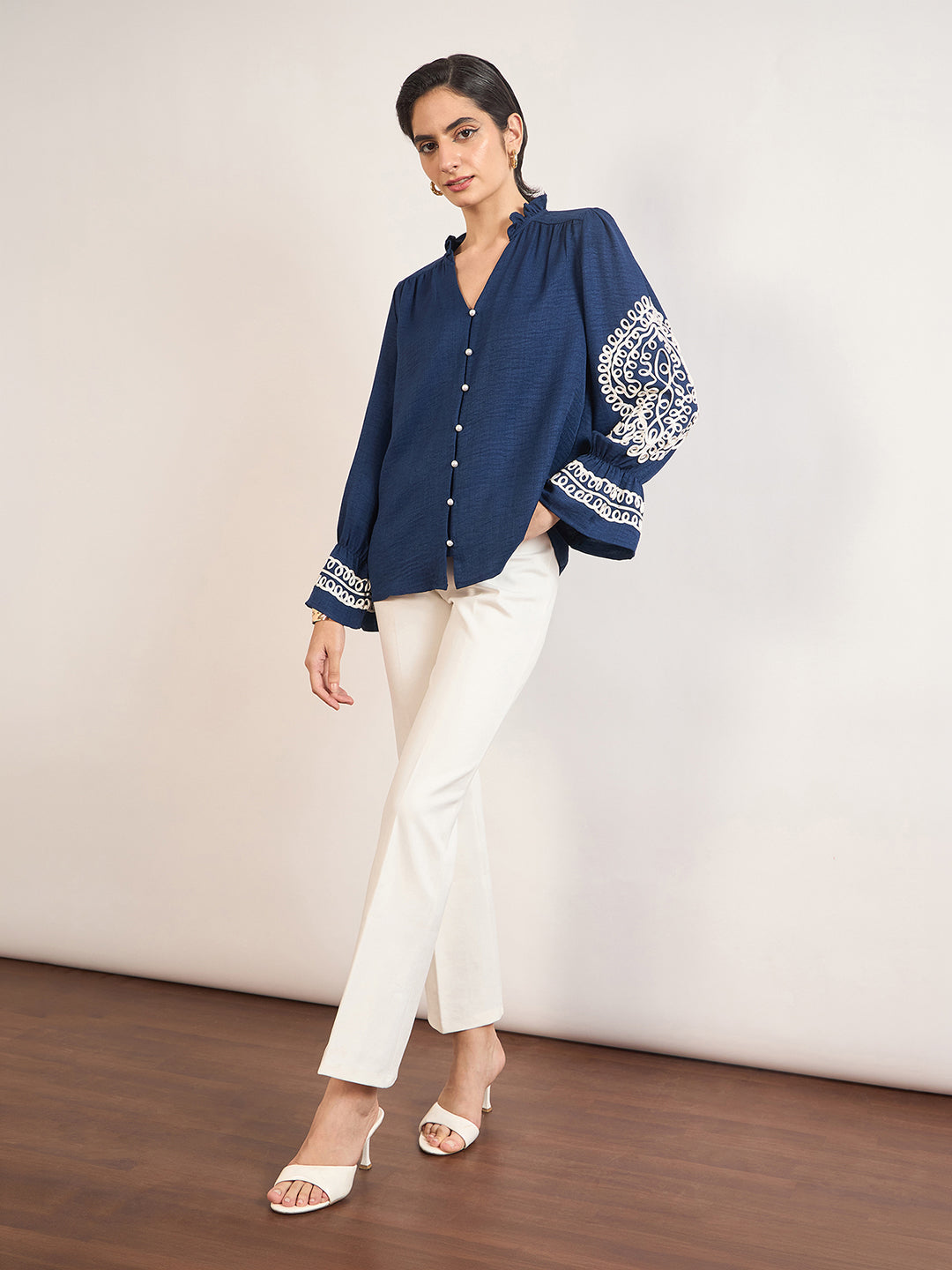 Navy Melange Cotton Tunic with Paisley Embroidered Sleeves