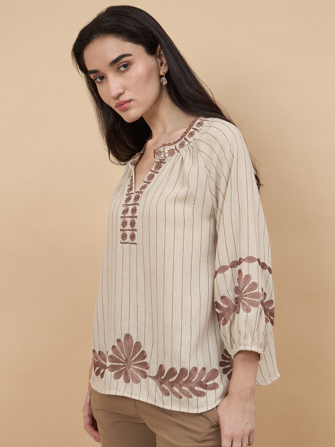 Beige Embroidery Poly Viscose Tunic