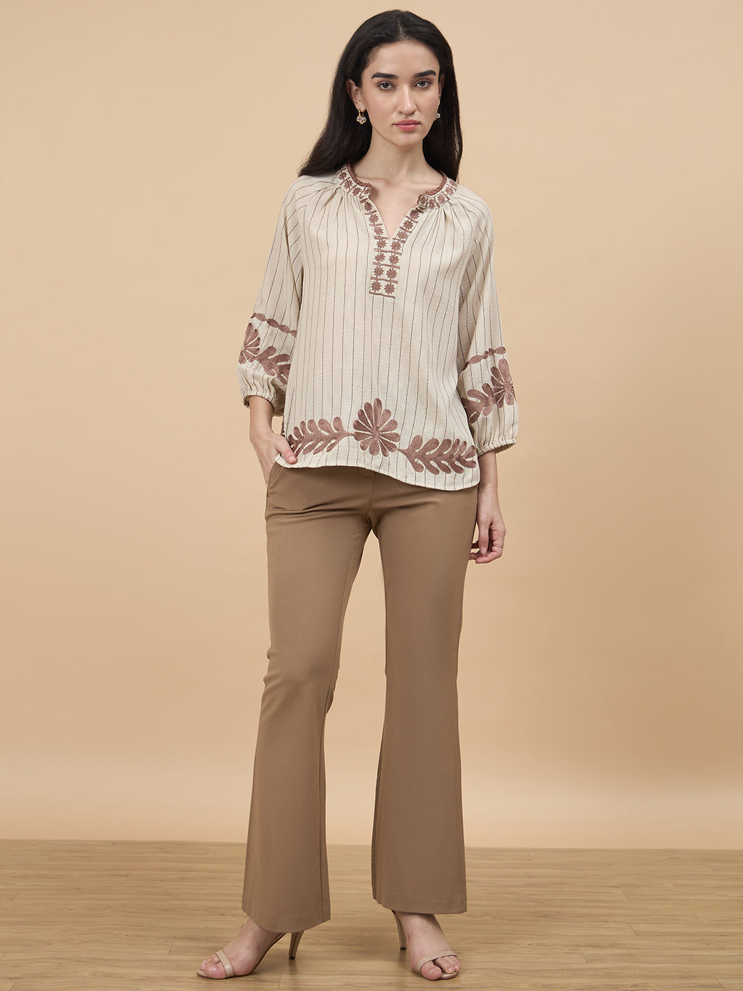 Beige Embroidery Poly Viscose Tunic