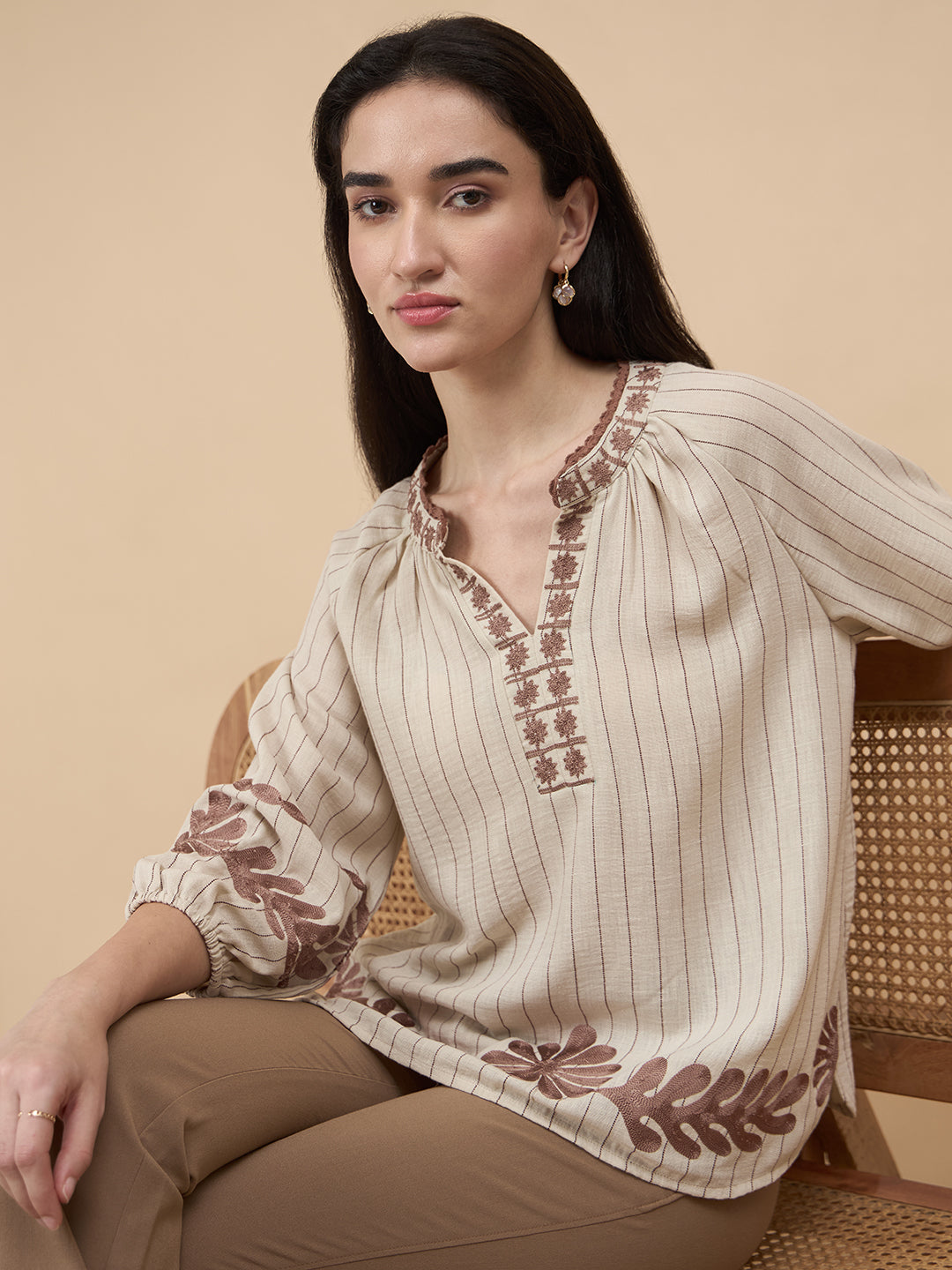 Beige Embroidery Poly Viscose Tunic