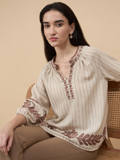 Beige Embroidery Poly Viscose Tunic