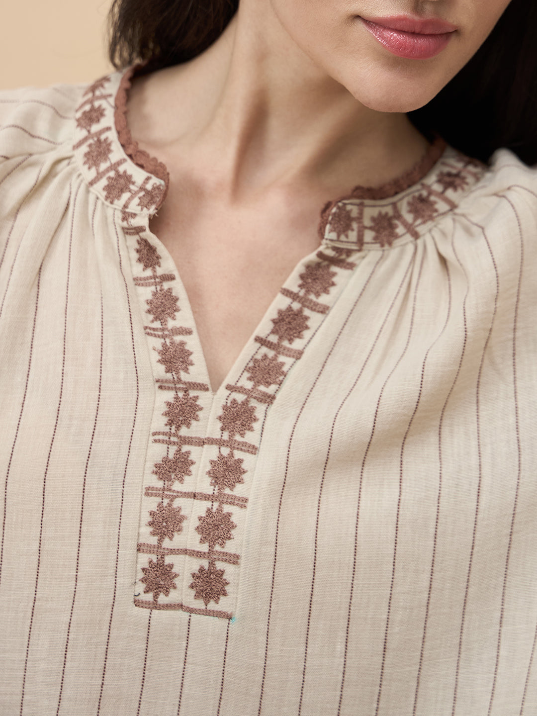 Beige Embroidery Poly Viscose Tunic