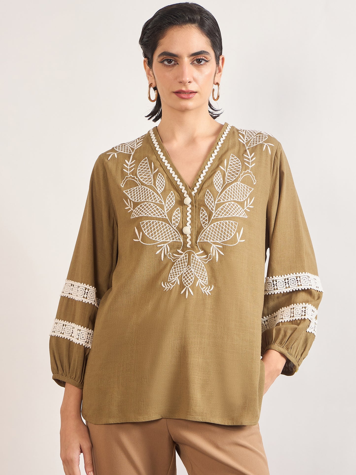 Olive Linen Viscose 3D Embroidery Tunic