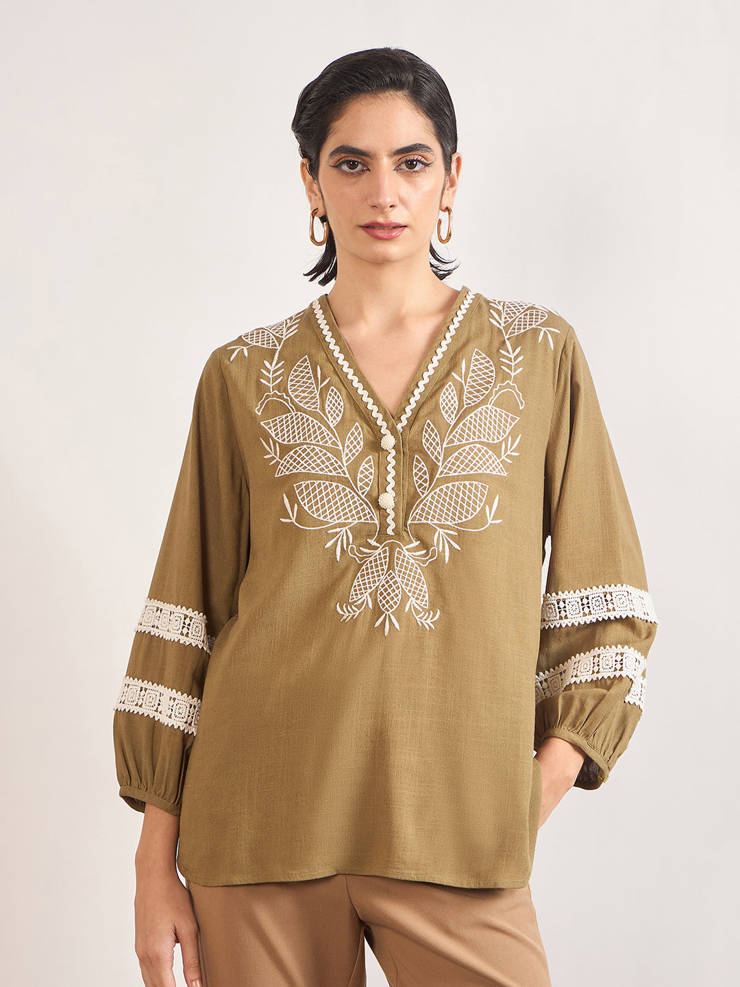 Olive Linen Viscose 3D Embroidery Tunic