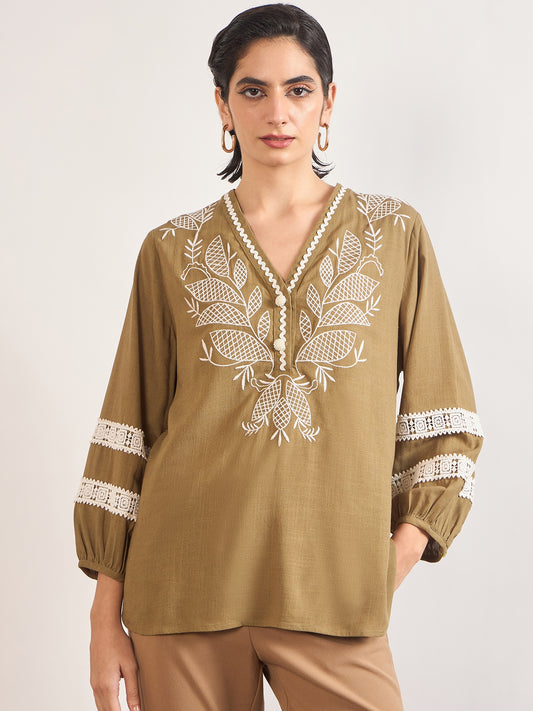Olive Linen Viscose 3D Embroidery Tunic