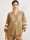 Olive Linen Viscose 3D Embroidery Tunic
