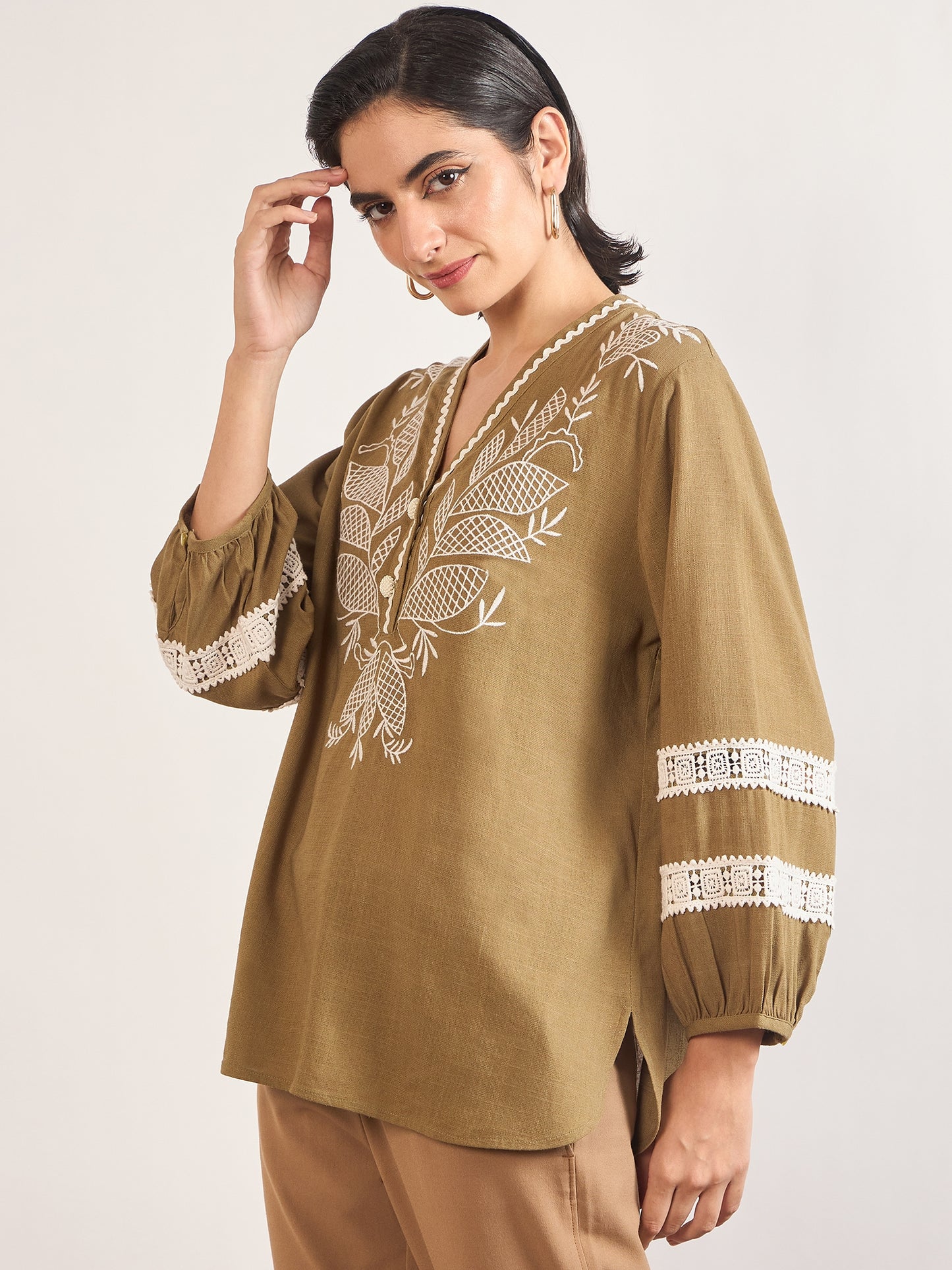 Olive Linen Viscose 3D Embroidery Tunic