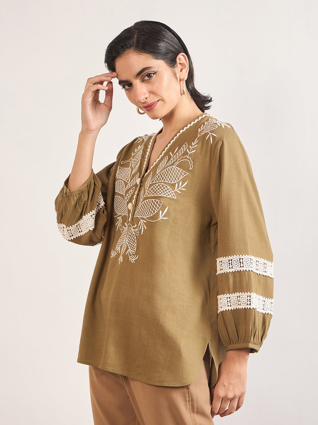 Olive Linen Viscose 3D Embroidery Tunic