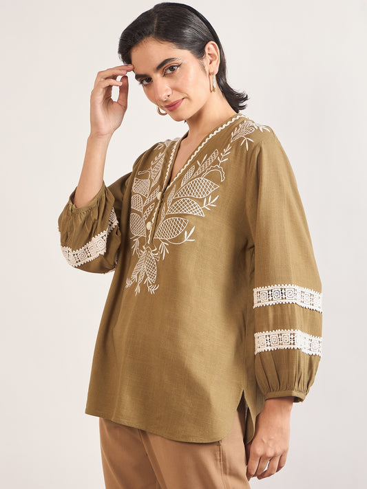 Olive Linen Viscose 3D Embroidery Tunic