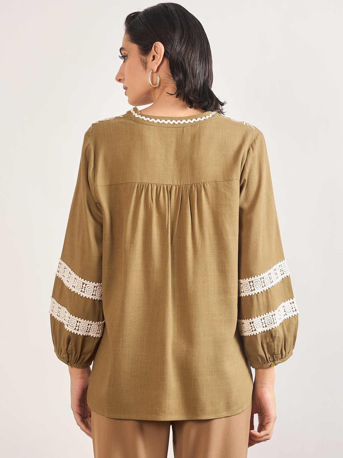 Olive Linen Viscose 3D Embroidery Tunic
