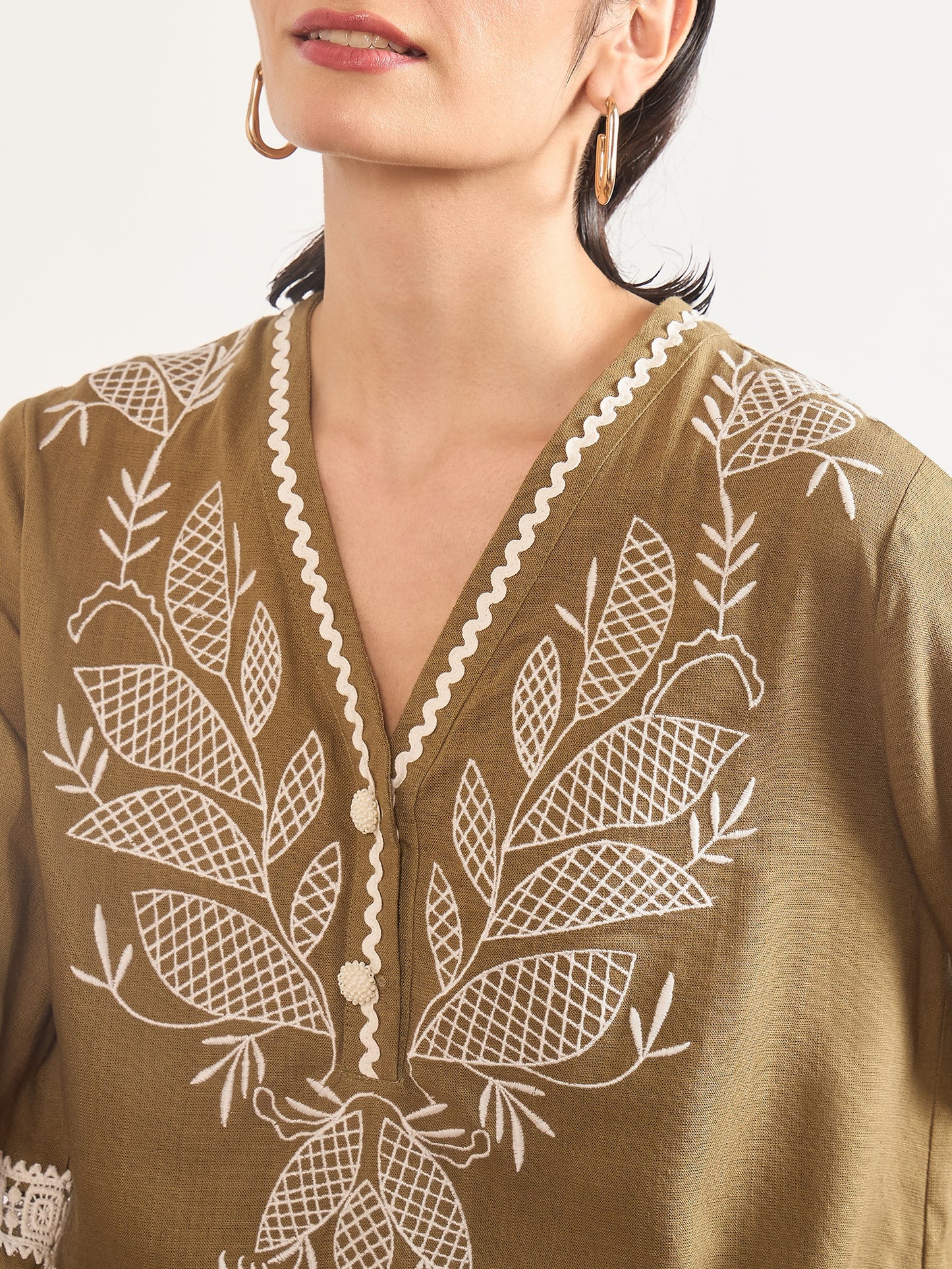 Olive Linen Viscose 3D Embroidery Tunic