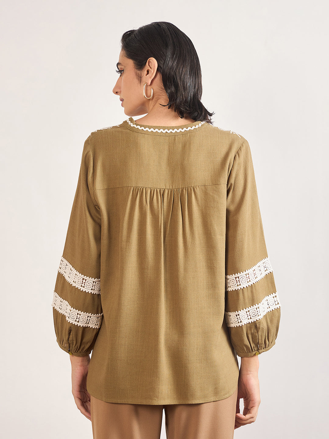Olive Linen Viscose 3D Embroidery Tunic