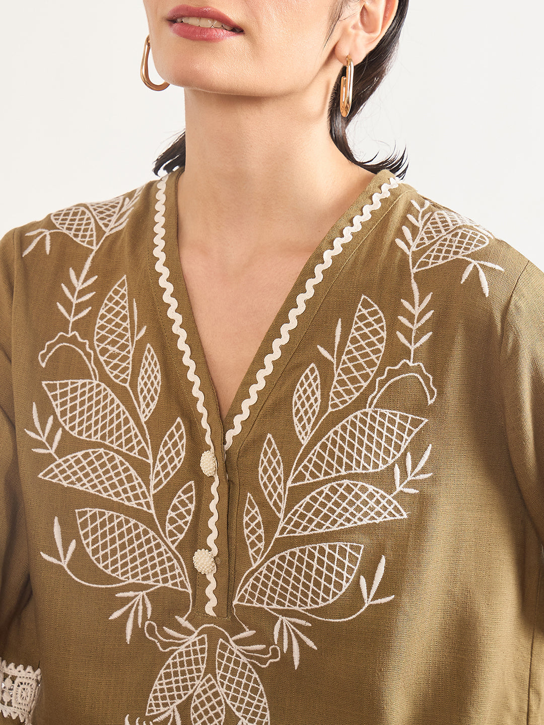 Olive Linen Viscose 3D Embroidery Tunic