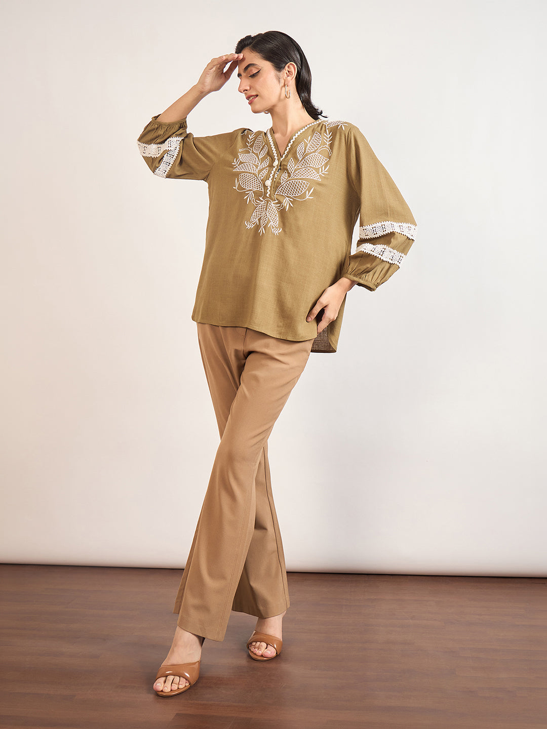 Olive Linen Viscose 3D Embroidery Tunic