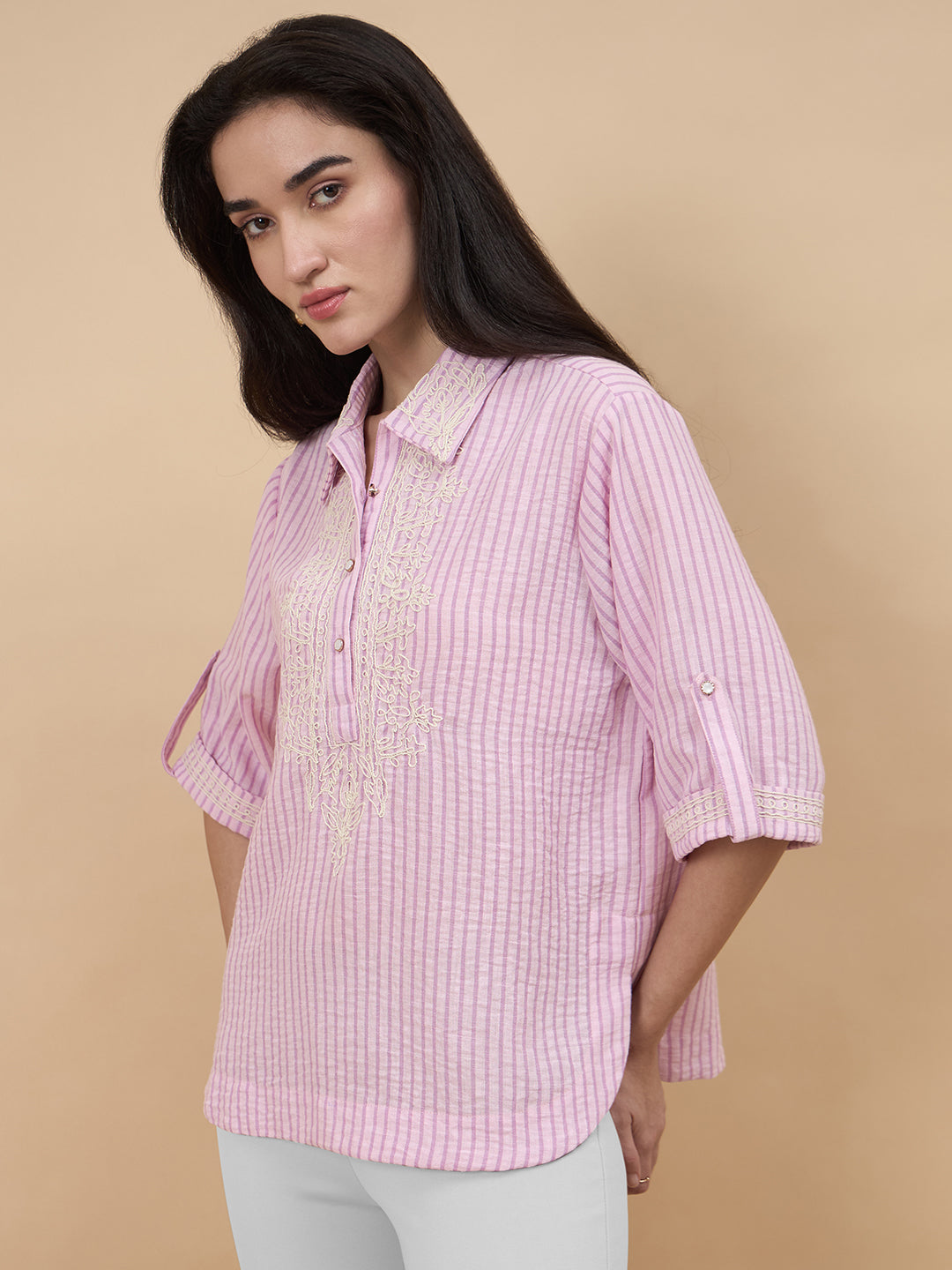 Pink Stripe Poly Viscose Embroidery Tunic