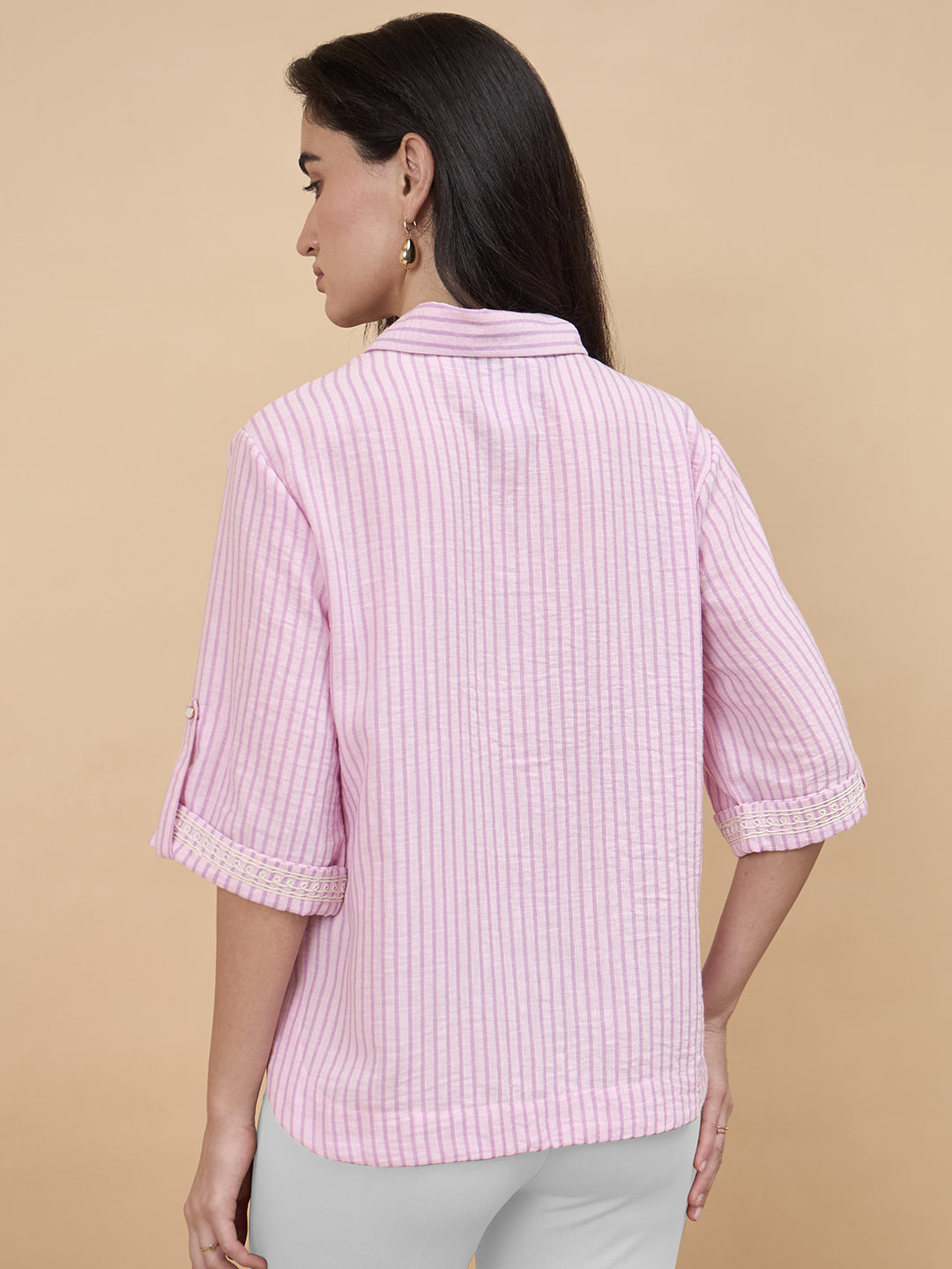Pink Stripe Poly Viscose Embroidery Tunic