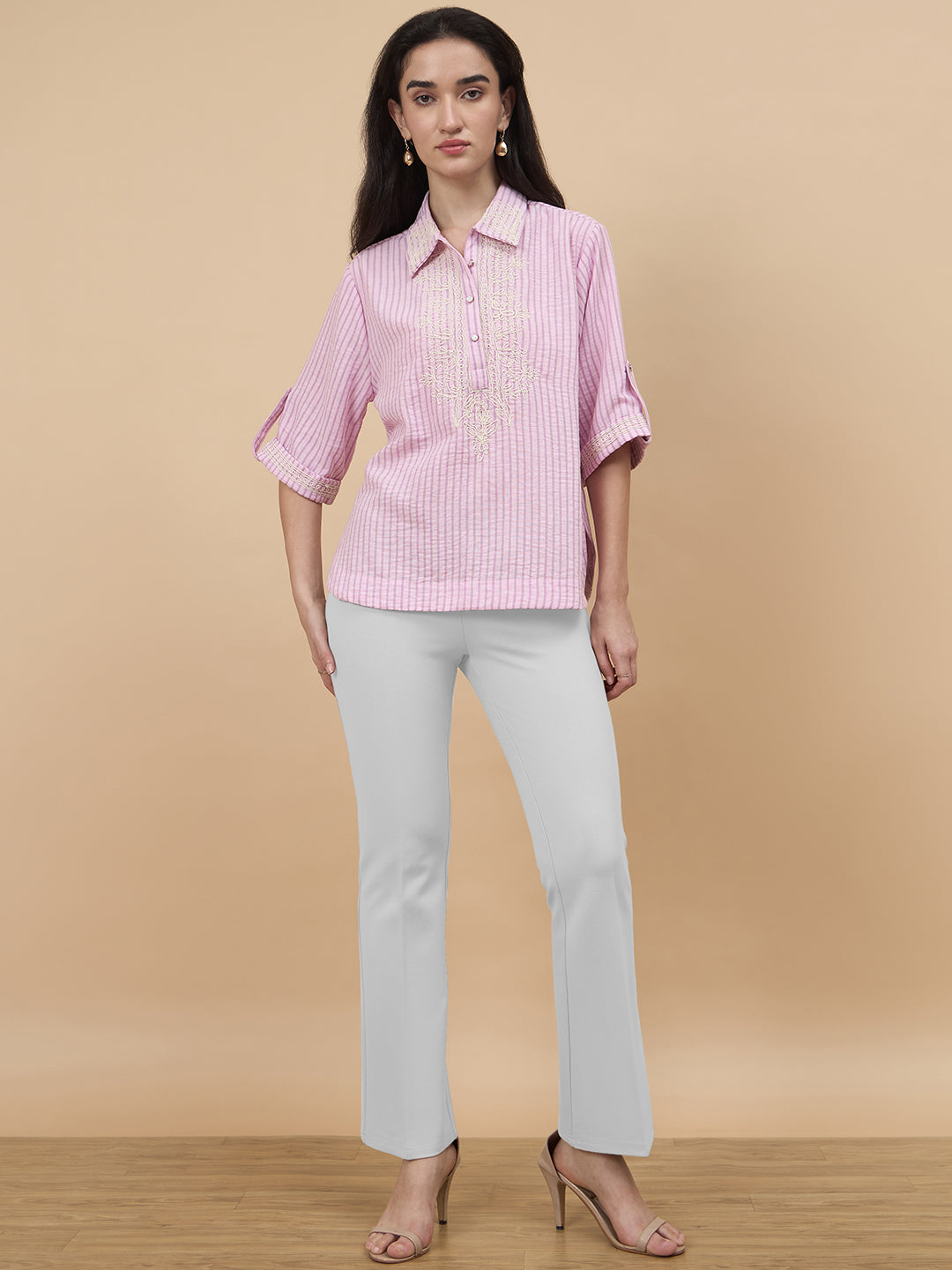 Pink Stripe Poly Viscose Embroidery Tunic