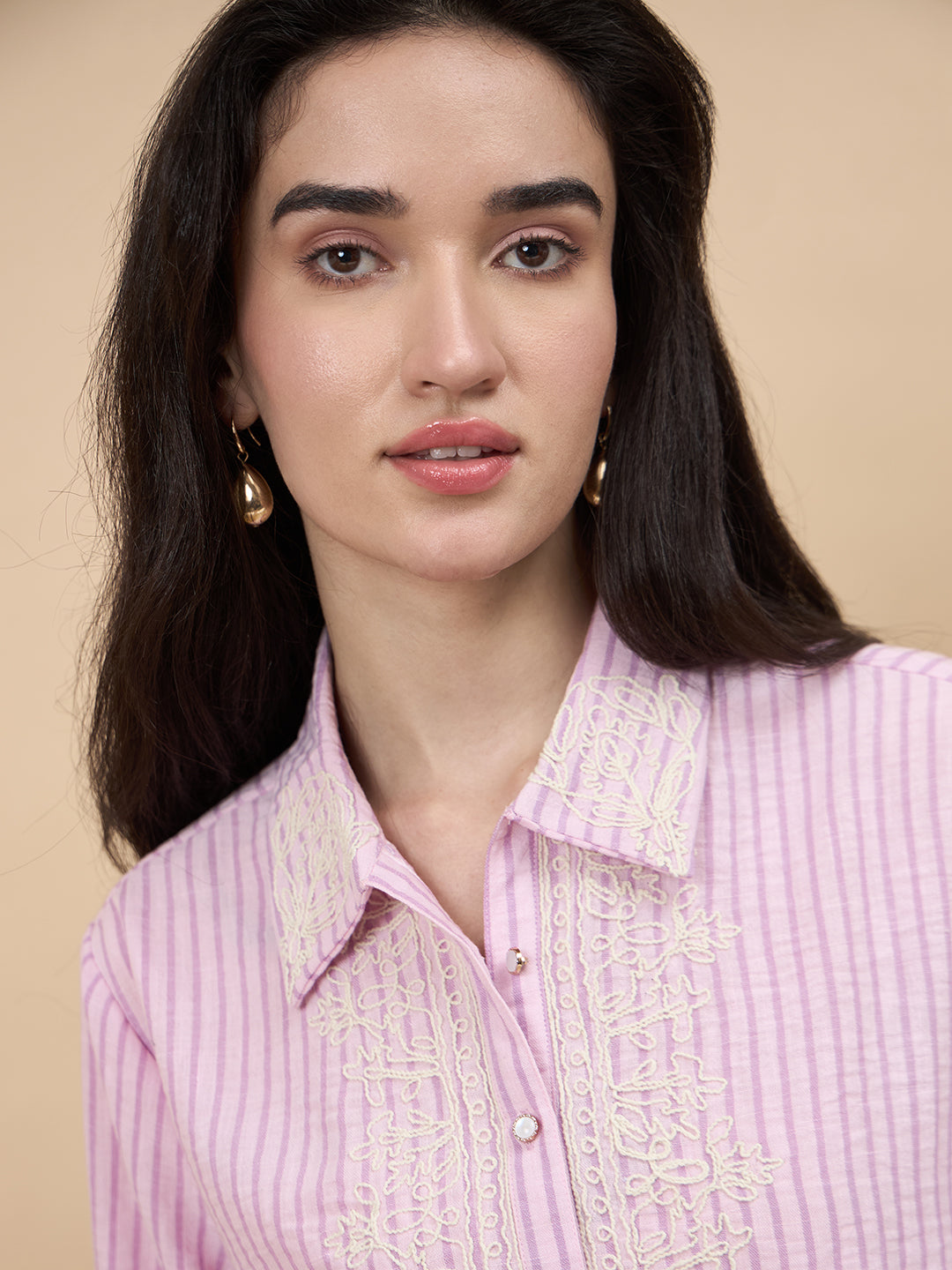 Pink Stripe Poly Viscose Embroidery Tunic