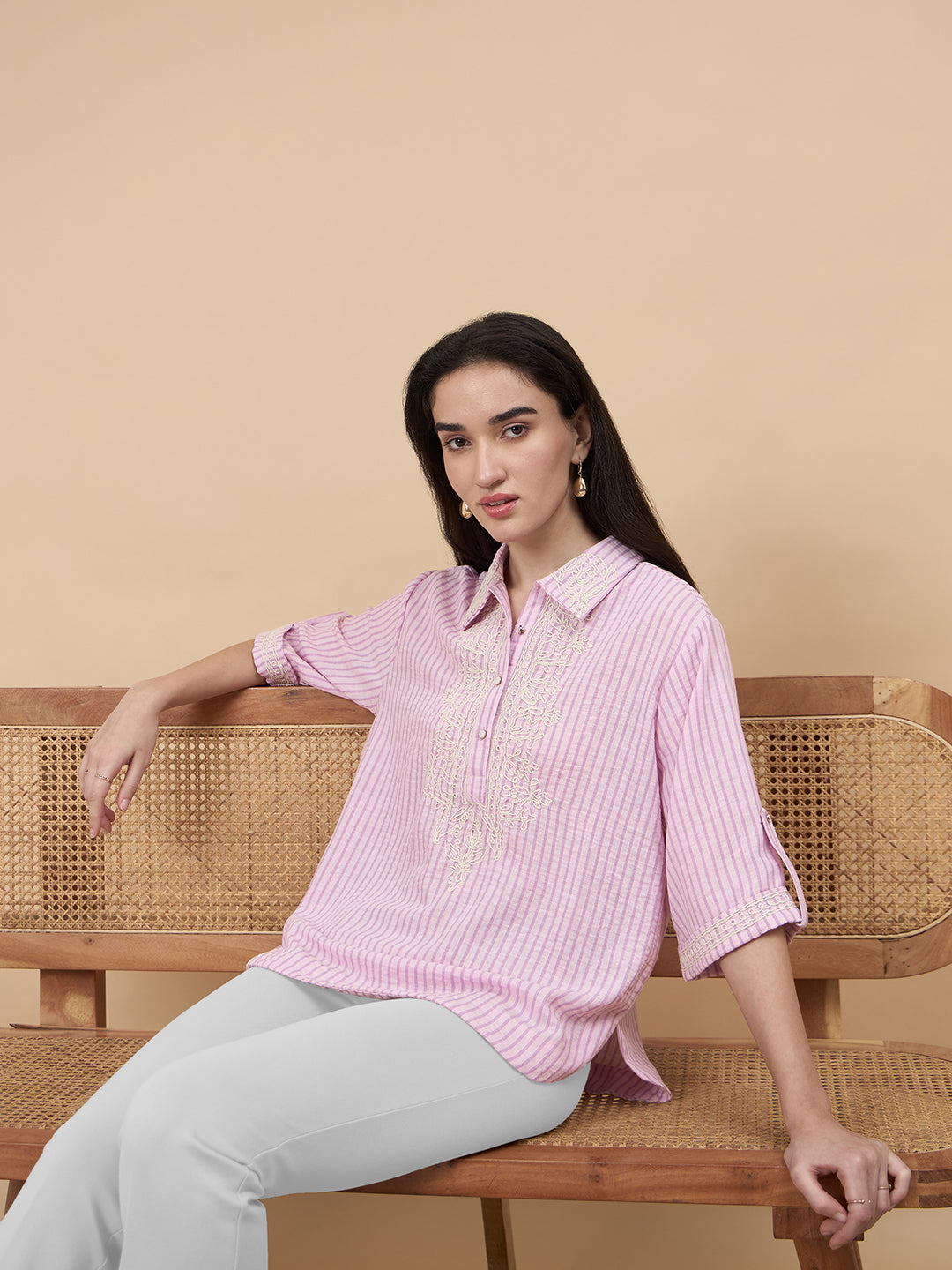 Pink Stripe Poly Viscose Embroidery Tunic