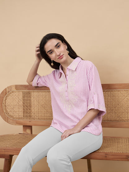 Pink Stripe Poly Viscose Embroidery Tunic