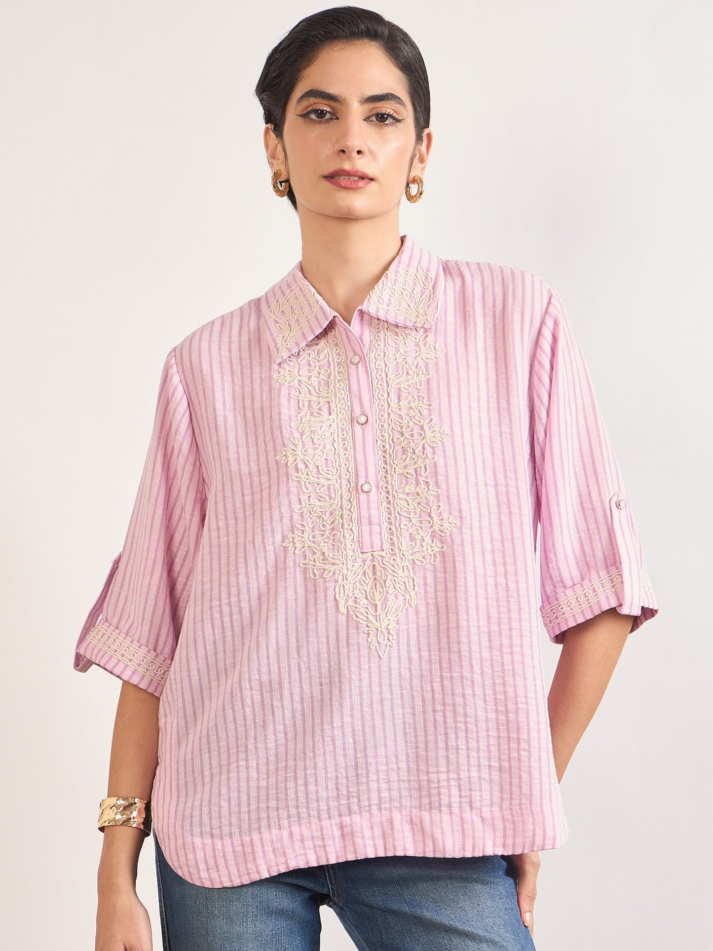 Pink Cotton Straight Fit Tunic with Crochet Patchwork