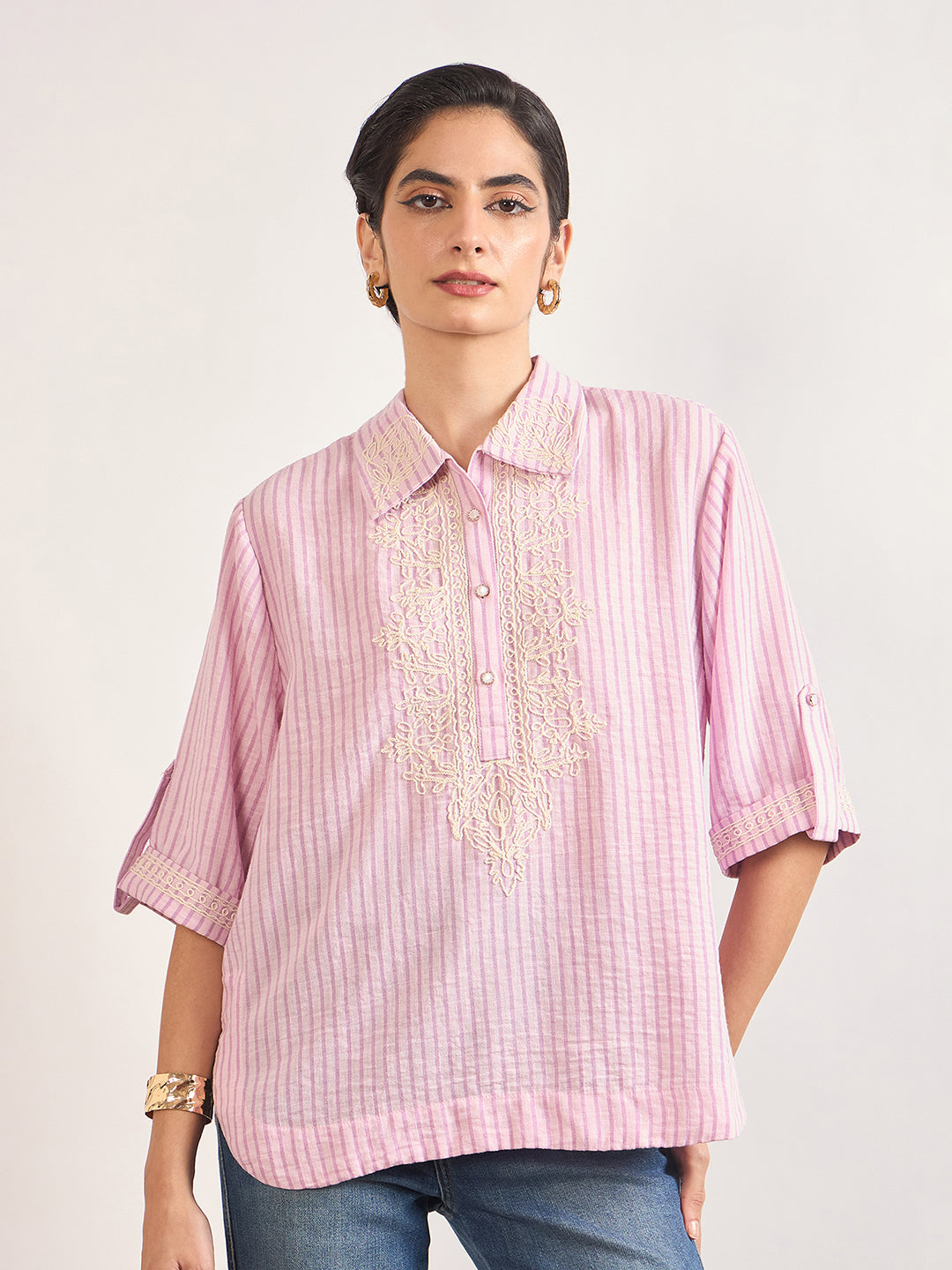 Pink Cotton Straight Fit Tunic with Crochet Patchwork