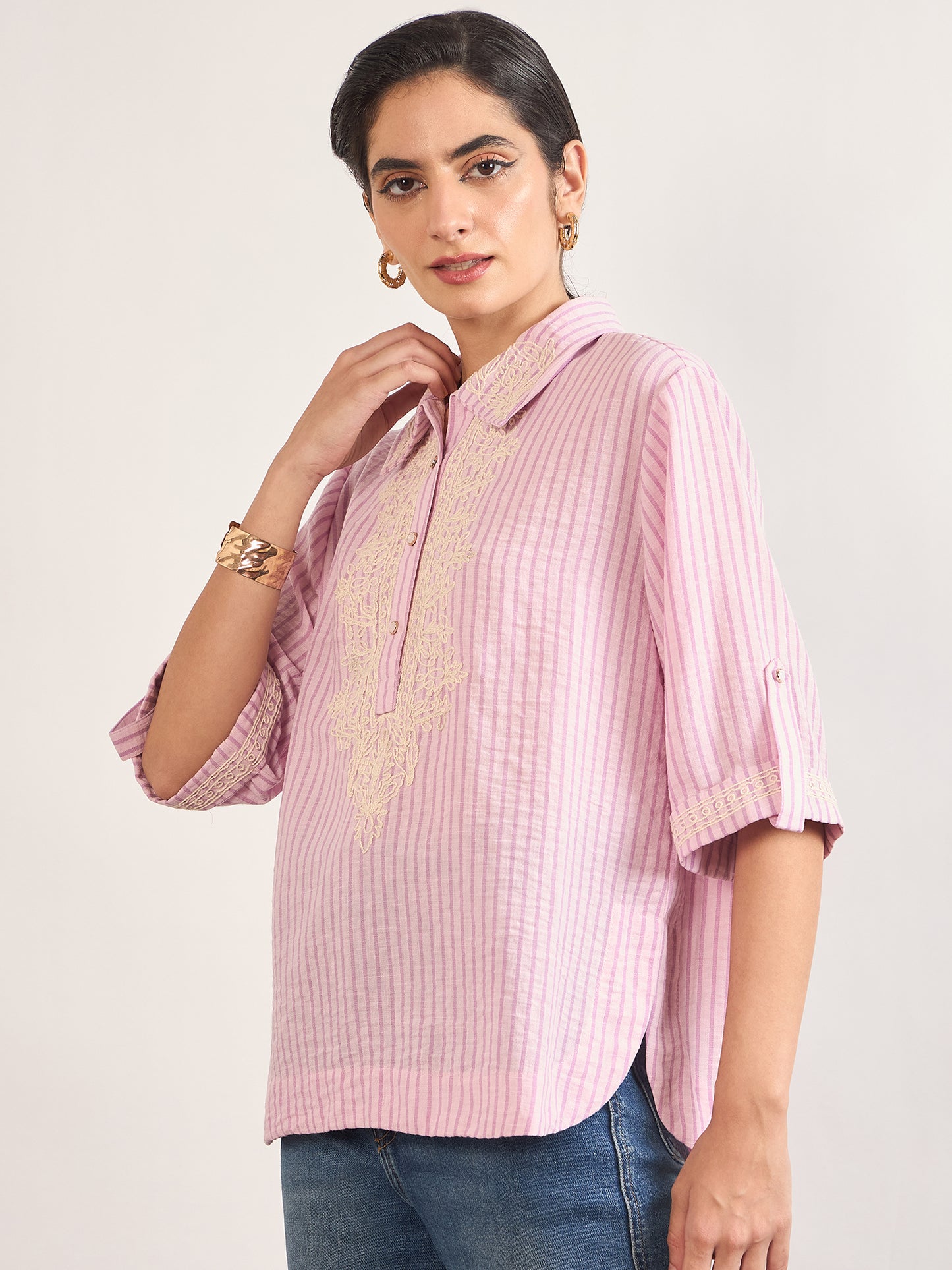 Pink Cotton Straight Fit Tunic with Crochet Patchwork