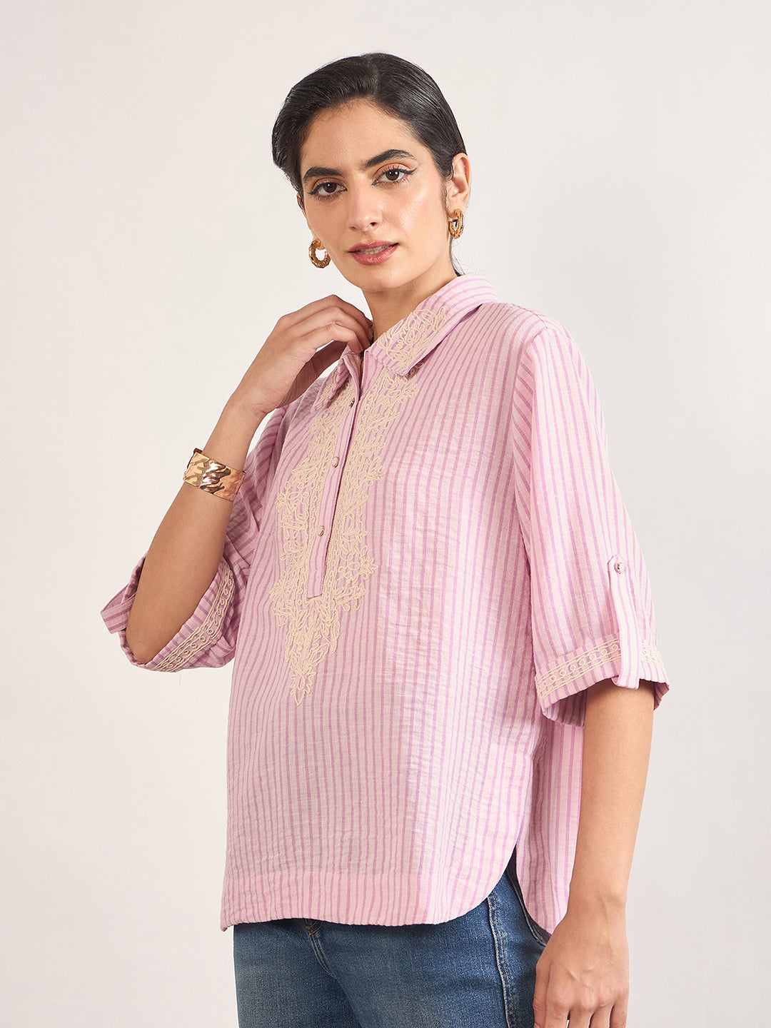 Pink Cotton Straight Fit Tunic with Crochet Patchwork