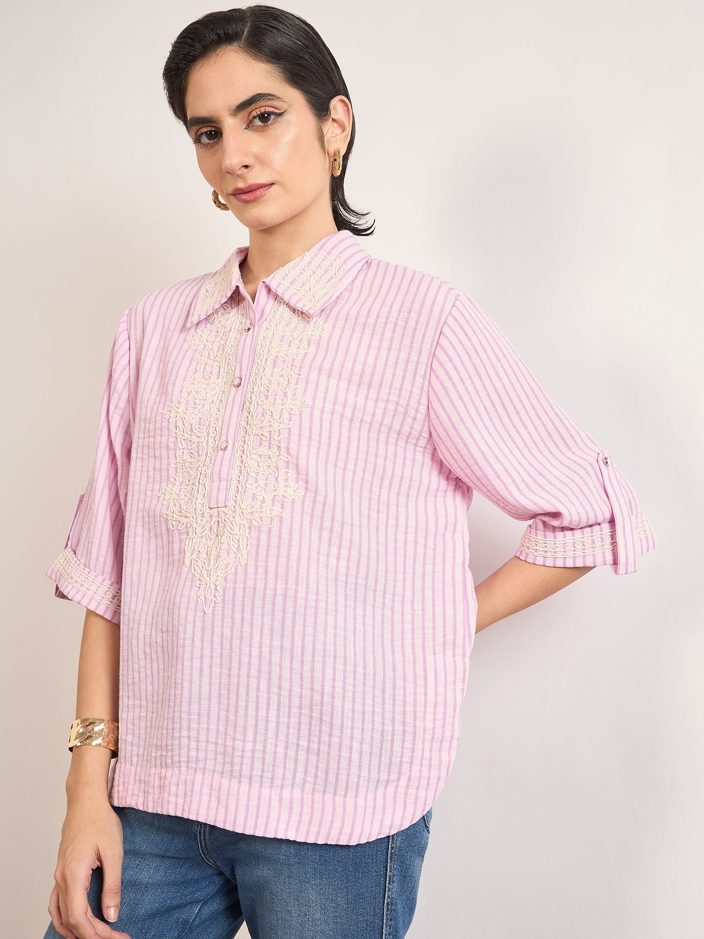 Pink Cotton Straight Fit Tunic with Crochet Patchwork