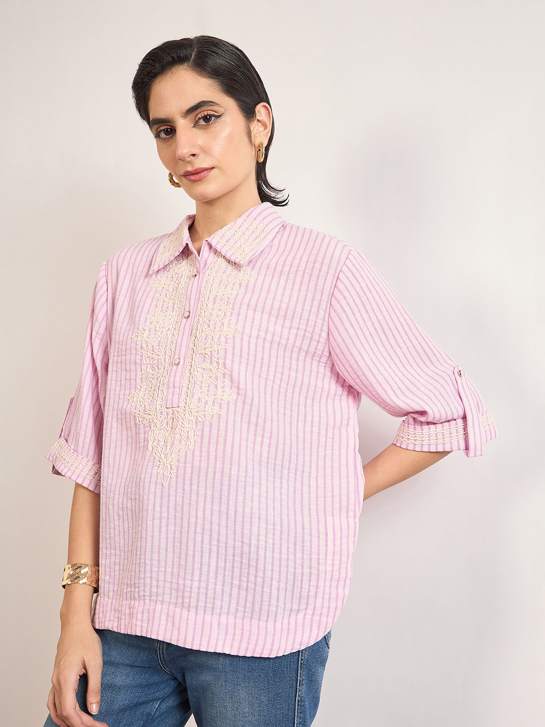 Pink Cotton Straight Fit Tunic with Crochet Patchwork
