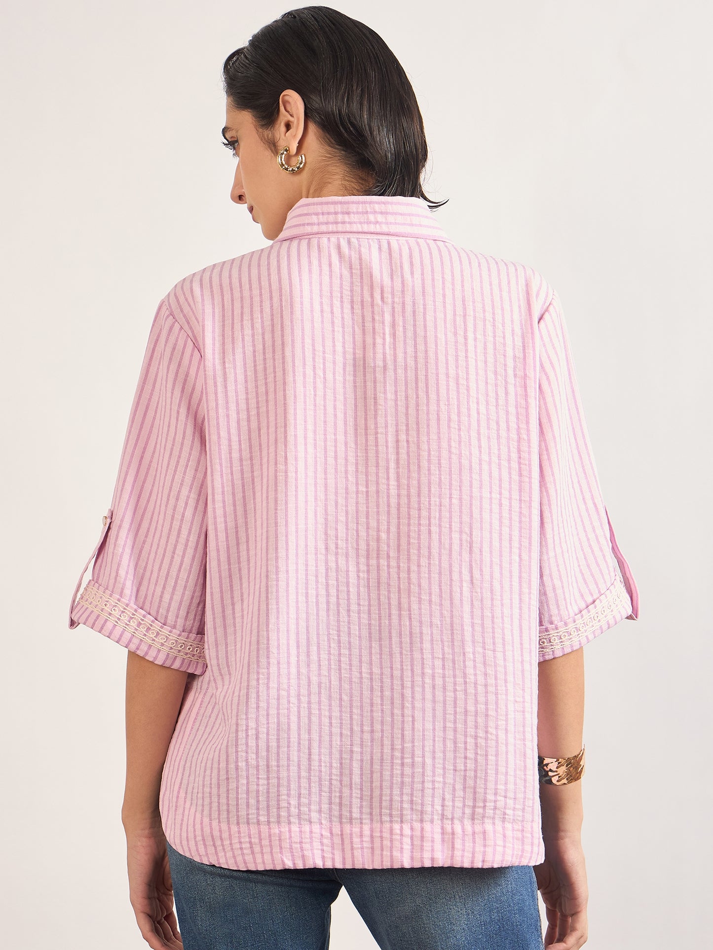 Pink Cotton Straight Fit Tunic with Crochet Patchwork