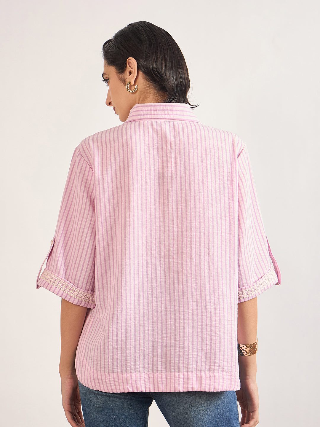 Pink Cotton Straight Fit Tunic with Crochet Patchwork