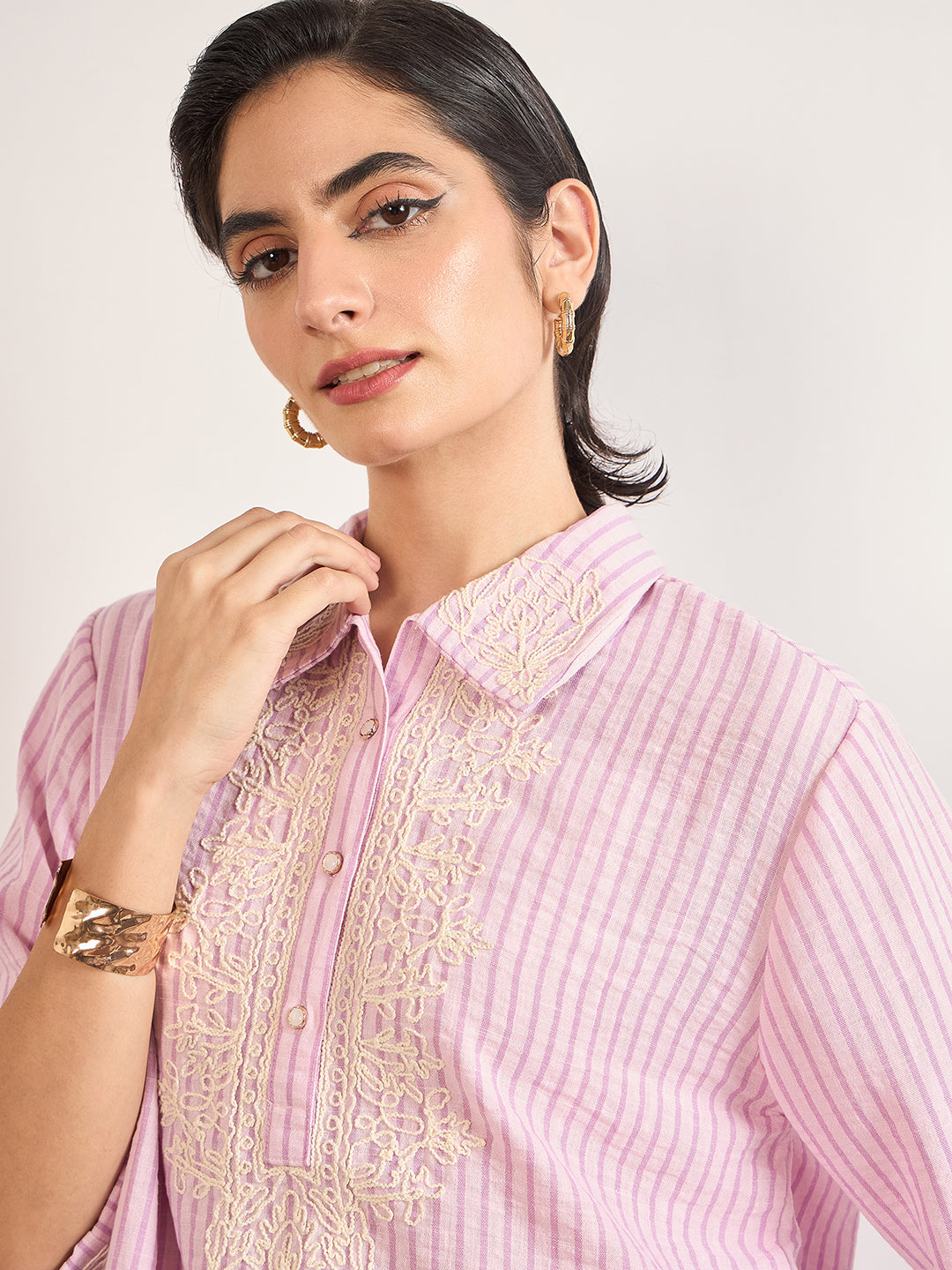 Pink Cotton Straight Fit Tunic with Crochet Patchwork