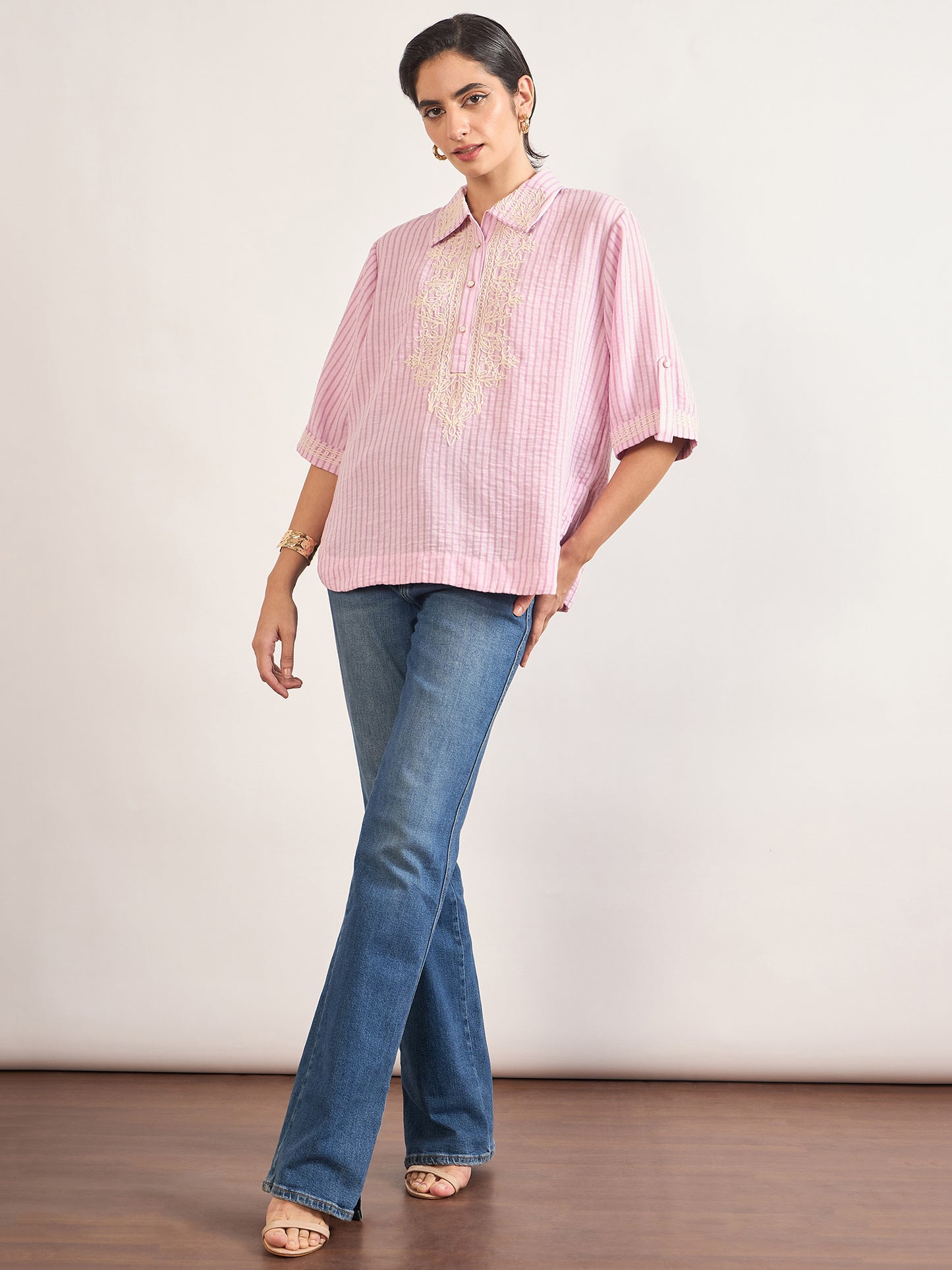 Pink Cotton Straight Fit Tunic with Crochet Patchwork