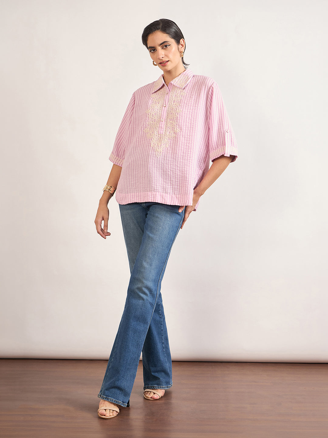 Pink Cotton Straight Fit Tunic with Crochet Patchwork