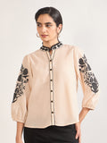 Beige 3D Embroidery Tunic in Melange Cotton
