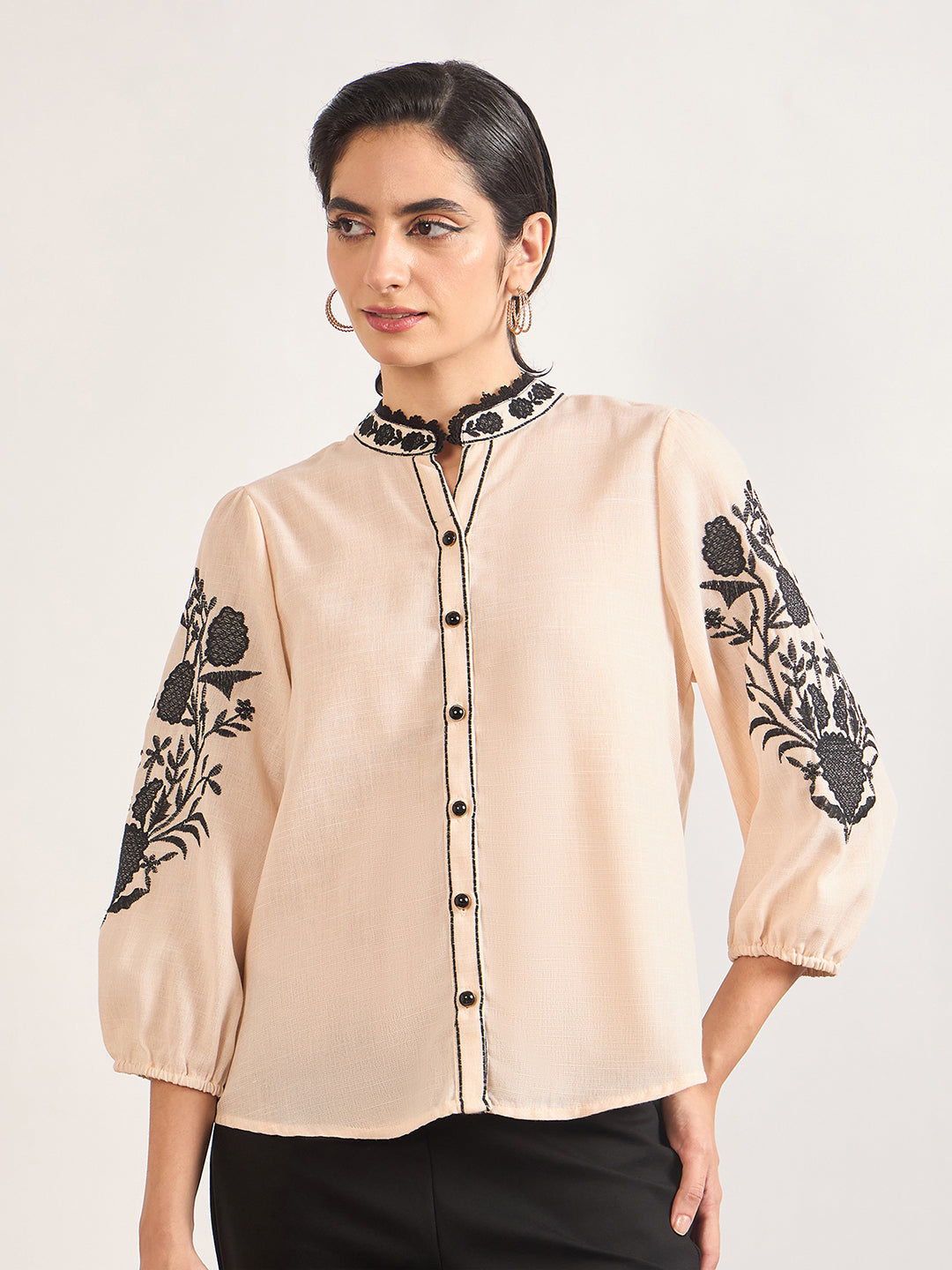 Beige 3D Embroidery Tunic in Melange Cotton