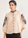 Beige 3D Embroidery Tunic in Melange Cotton