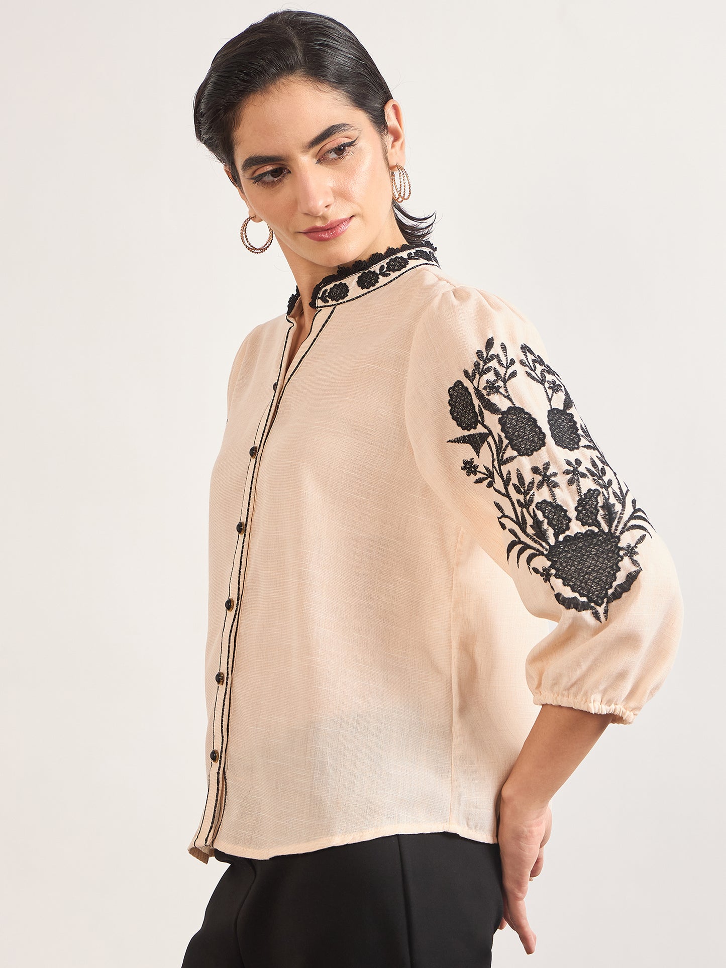 Beige 3D Embroidery Tunic in Melange Cotton