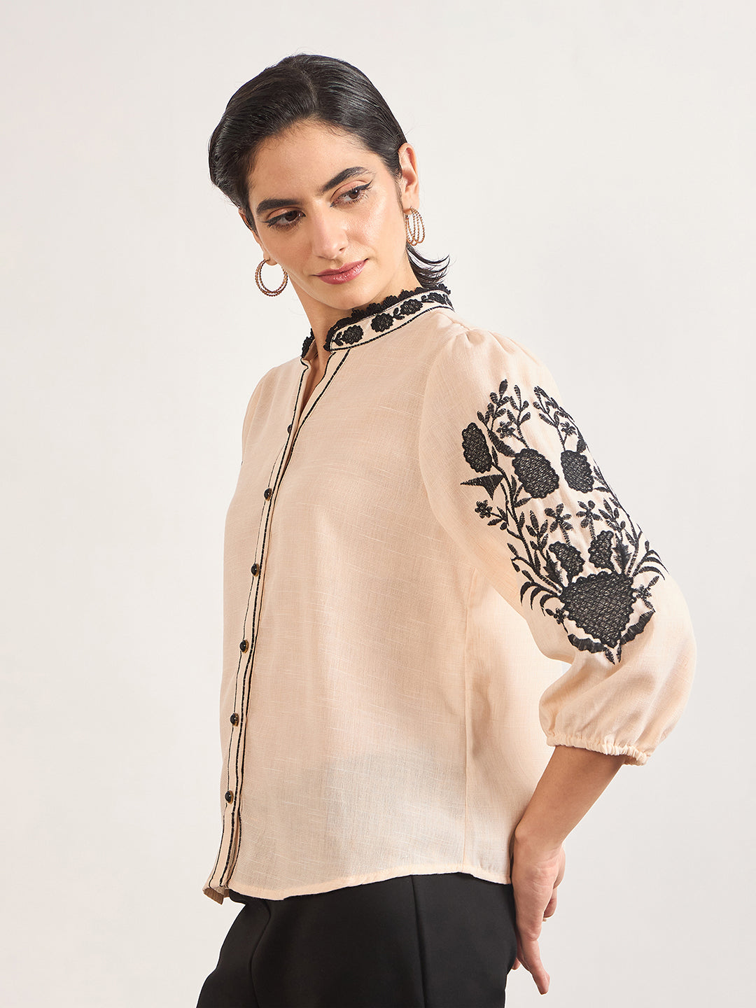 Beige 3D Embroidery Tunic in Melange Cotton