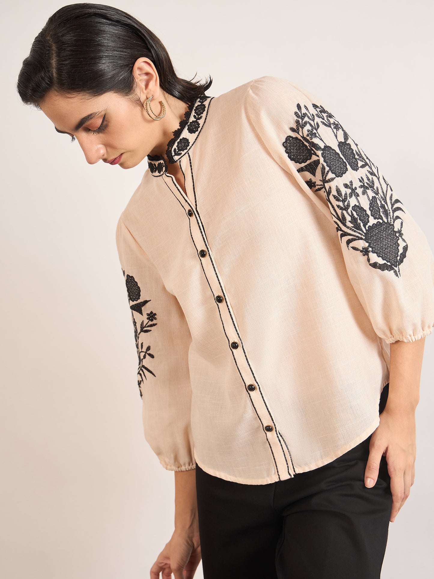 Beige 3D Embroidery Tunic in Melange Cotton