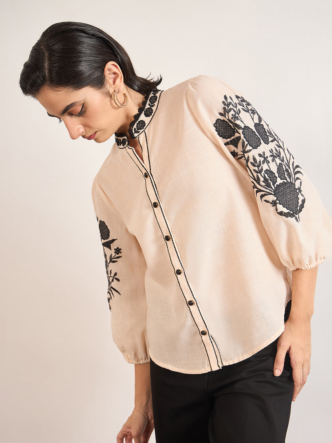 Beige 3D Embroidery Tunic in Melange Cotton