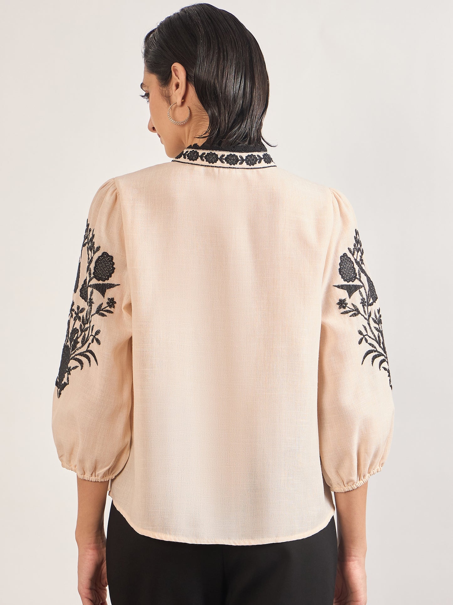 Beige 3D Embroidery Tunic in Melange Cotton