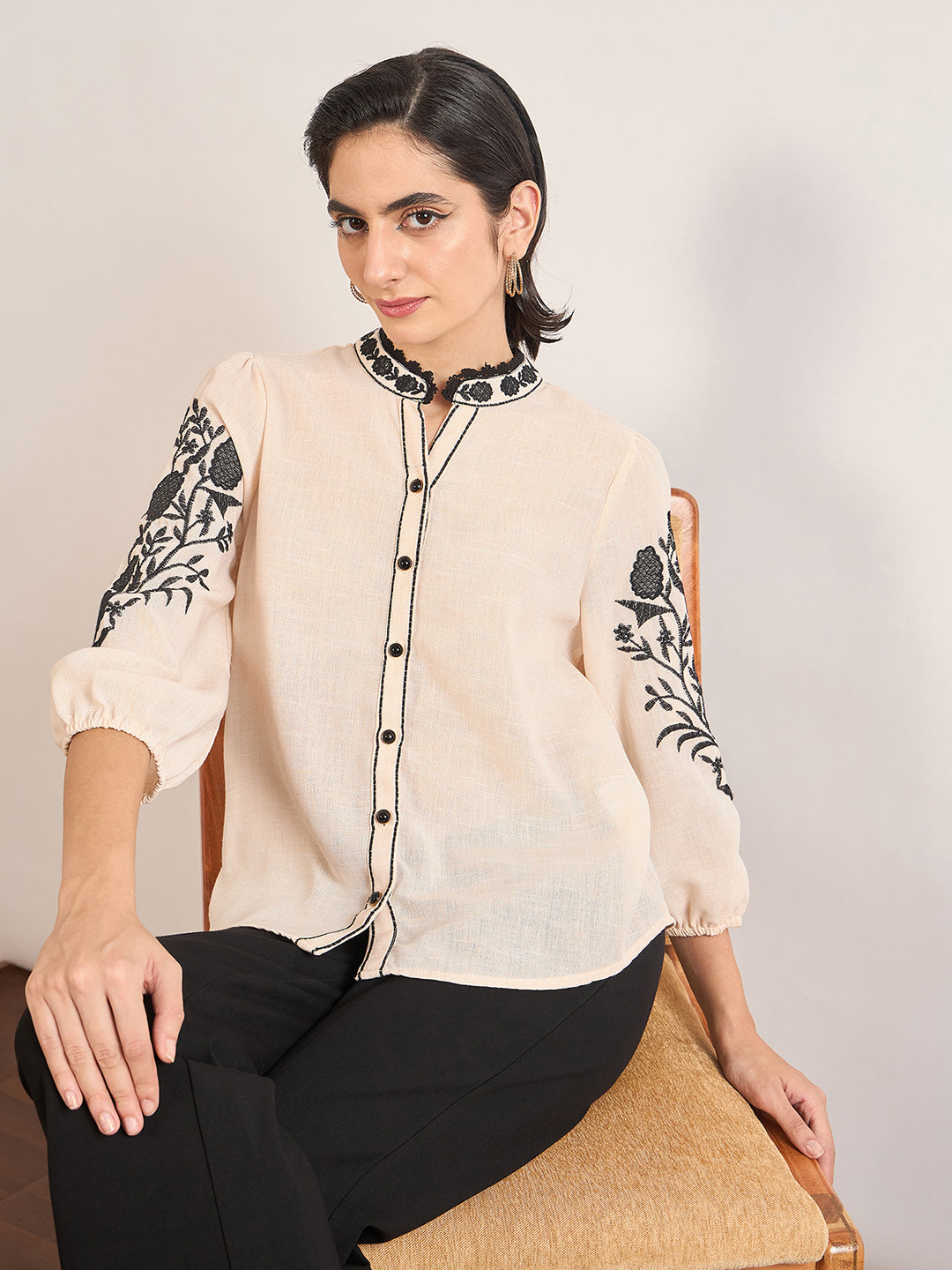 Beige 3D Embroidery Tunic in Melange Cotton