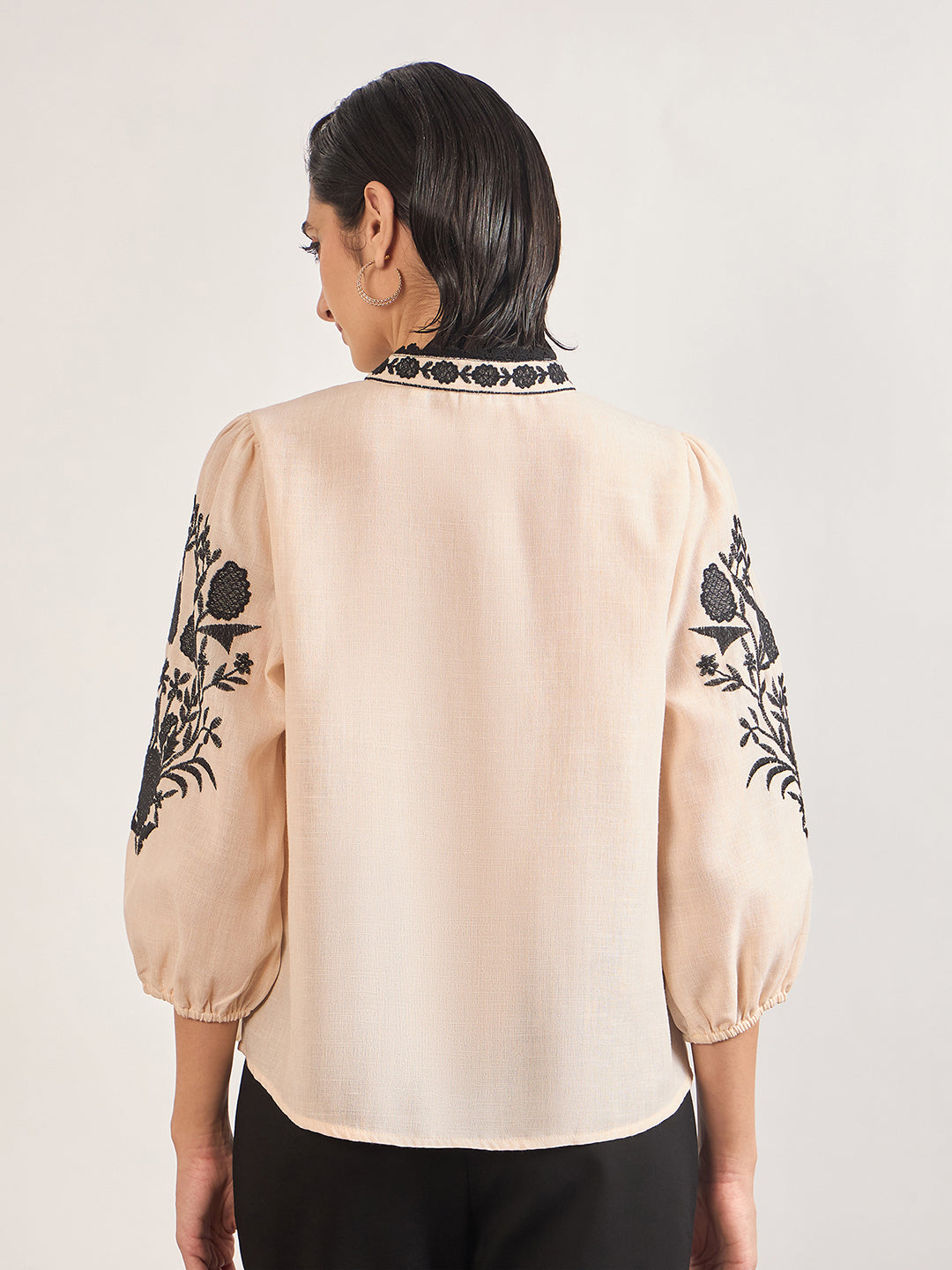 Beige 3D Embroidery Tunic in Melange Cotton