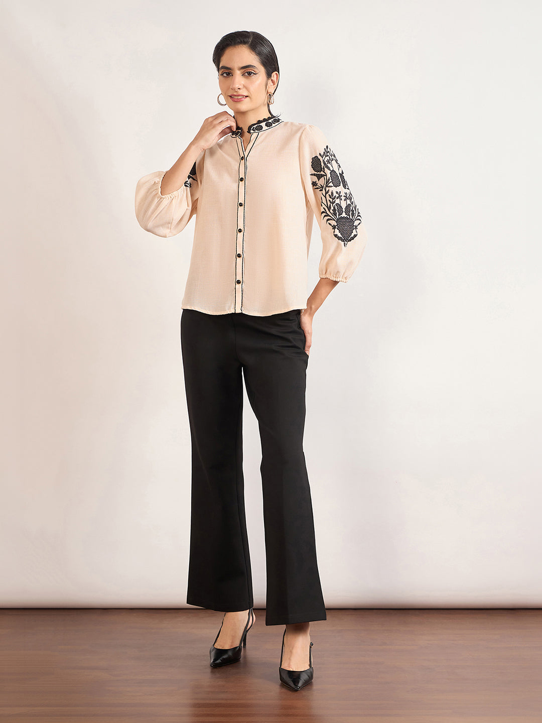 Beige 3D Embroidery Tunic in Melange Cotton