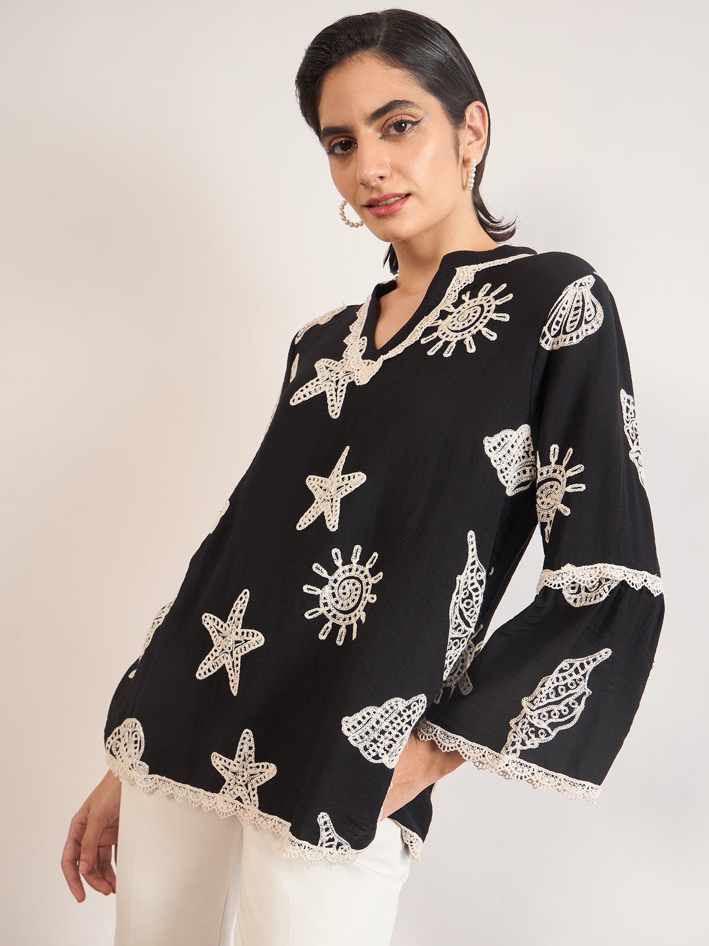 Black & White Self-Embroidery Cotton Tunic